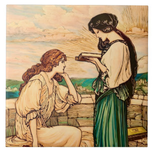 Azulejo De Cerâmica Mulheres Art Nouveau Vintage Lendo à Beira-Mar