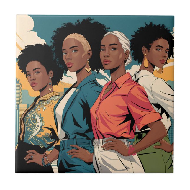 Azulejo De Cerâmica Mulheres com Força na Moda Urbana (Frente)