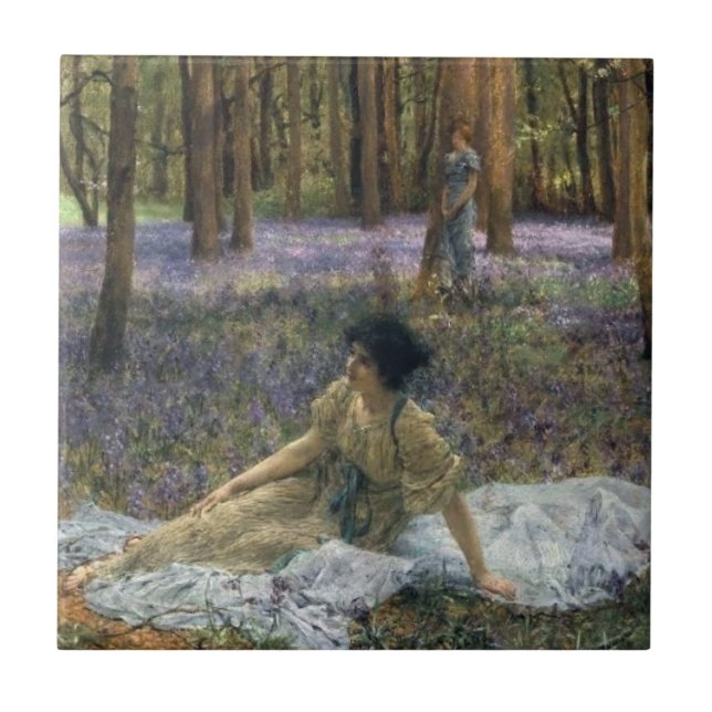 Azulejo De Cerâmica Mulheres em Floresta de Flores Bluebell (Frente)