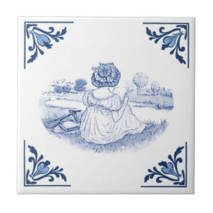 Azulejo De Cerâmica Mulheres Vintage Desenhando Delft Canto Azul e Bra