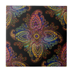 Azulejo De Cerâmica Multicolorido Paisley Bonito em Preto
