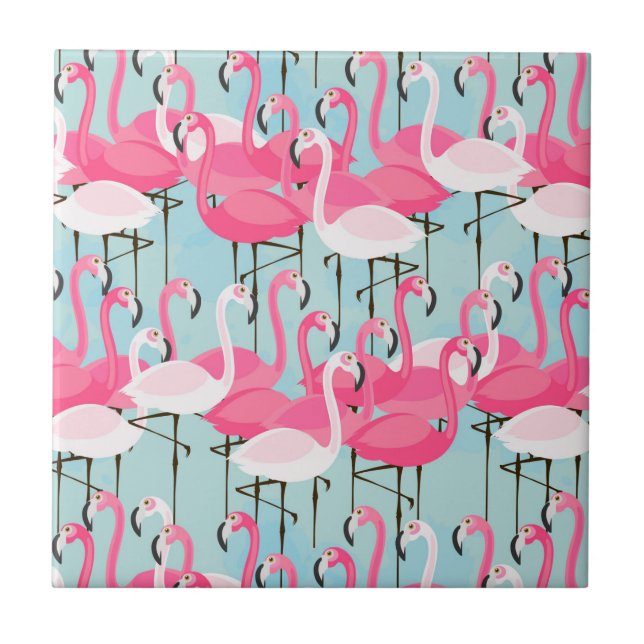 Azulejo De Cerâmica Multidão cor-de-rosa e branca de flamingos (Frente)