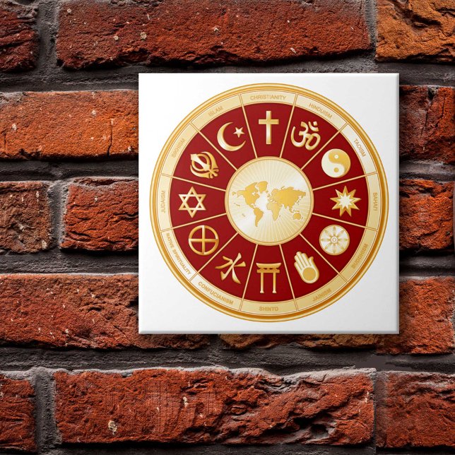 Azulejo De Cerâmica Mundo da Fé (World of Faith Photo Print. Gold symbols of international religions surround a world map. )