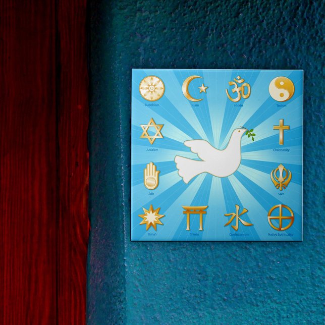 Azulejo De Cerâmica Mundo da Paz (Decorative ceramic tile featuring Twelve World Religions. )