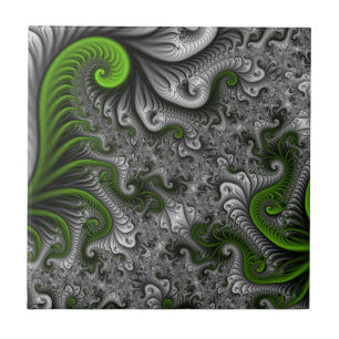 Azulejo De Cerâmica Mundo Fantasia Verde E Cinza Arte Fractal Abstrata