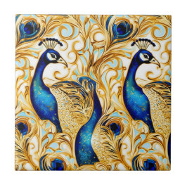 Azulejo De Cerâmica Mural de arte de ave pavão dourado azul branco na