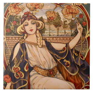 Azulejo De Cerâmica Musa do Crisântemo Dourado – Floral Art Nouveau