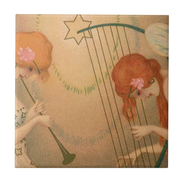 Azulejo De Cerâmica Música Antiga Músicos Anjos Vitorianos Flauta Harp (Frente)