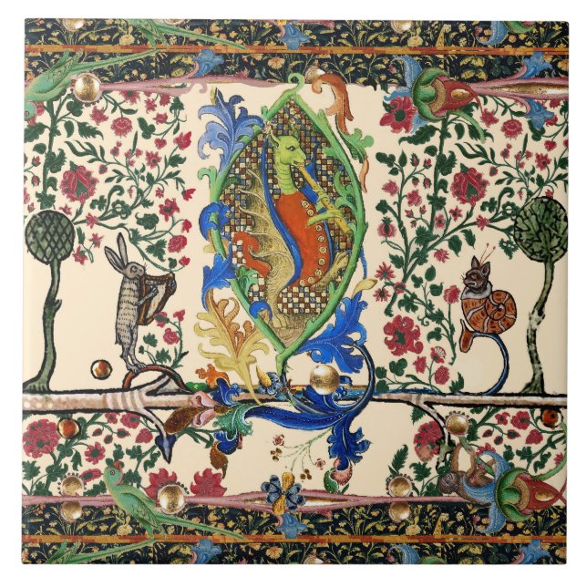 AZULEJO DE CERÂMICA  MÚSICA BESTIÁRIA MEDIEVAL ESTRANHA,DRAGON JOGANDO  (Frente)