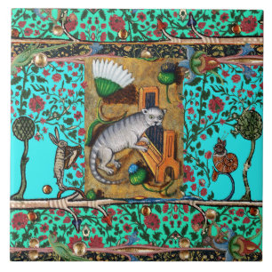 Azulejo De Cerâmica MÚSICA DE BESTIÁRIO MEDIEVAL,GATO TOCANDO ÓRGÃO Az