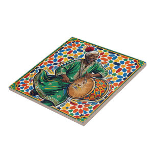 Azulejo De Cerâmica Músico Vibrante Marroquino Gnawa com Mosaico Zelli