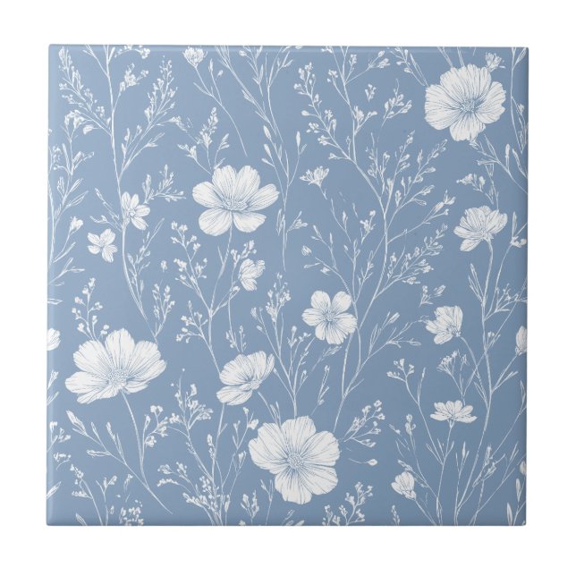 Azulejo De Cerâmica Muted Blue And White Wildflower Pattern (Frente)