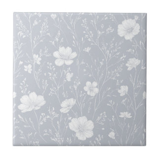 Azulejo De Cerâmica Muted Gray And White Wildflower Pattern