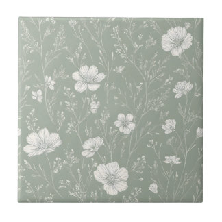 Azulejo De Cerâmica Muted Sage Green And White Wildflower Pattern