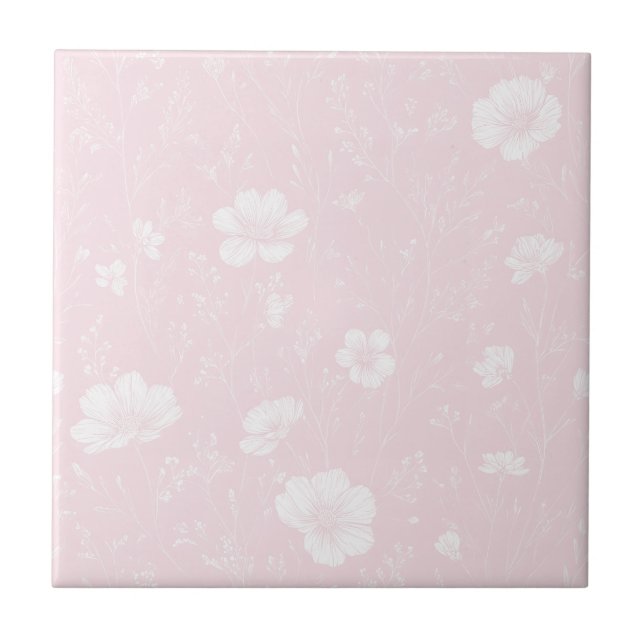 Azulejo De Cerâmica Muted Soft Pink And White Wildflower Pattern (Frente)