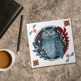 Azulejo De Cerâmica Mystical Blue Owl Red Leaves Folk Art