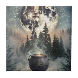 Azulejo De Cerâmica Mystical Moonlit Forest Cauldron - Arte Magica Tes