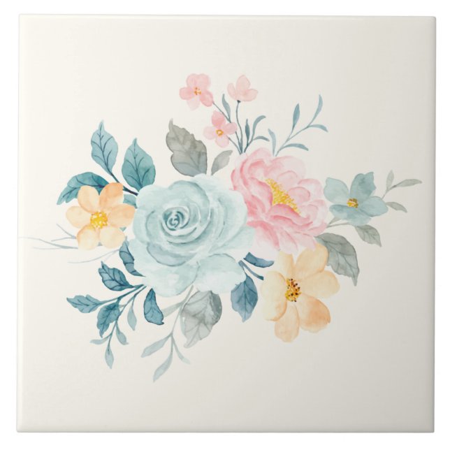 Azulejo De Cerâmica Na moda cor-de-rosa e Buquê azul da ventoinha (Frente)