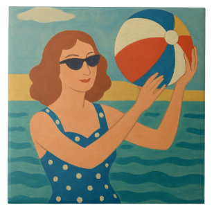 Azulejo De Cerâmica Nadador Vintage com Bola de Praia