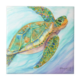 Azulejo De Cerâmica Nadando Tartaruga do Mar Sorrindo