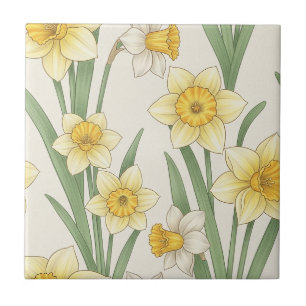 Azulejo De Cerâmica Narciso Floral de Primavera em Amarelo Suave e Ver