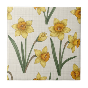 Azulejo De Cerâmica Narciso Floral de Primavera em Amarelo Suave e Ver