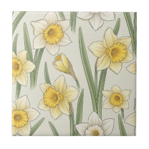 Azulejo De Cerâmica Narciso Floral de Primavera em Amarelo Suave e Ver
