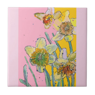Azulejo De Cerâmica Narciso Floral Flor de Aquarela Rosa Amarelo