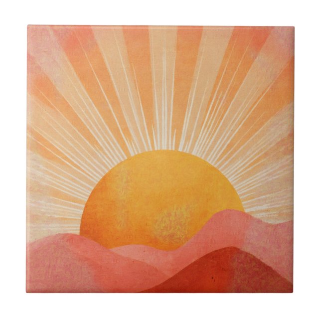 Azulejo De Cerâmica Nascer do sol Boho Rosa e Laranja (Frente)