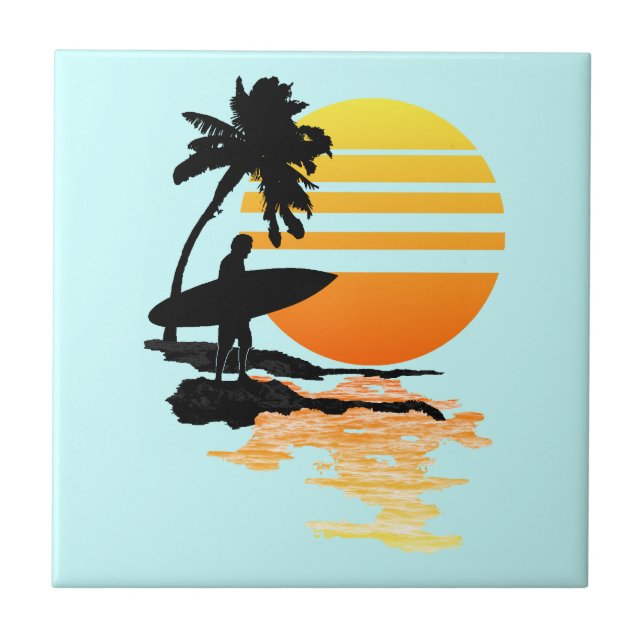 Azulejo De Cerâmica Nascer do sol surfando (Frente)