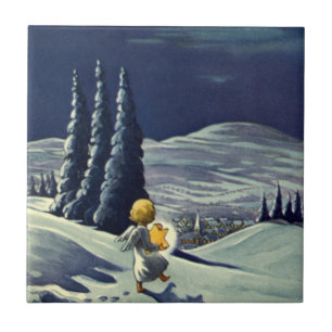 Azulejo De Cerâmica Natais vintages, Anjo da Neve Andando com uma Estr