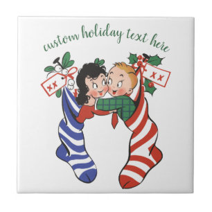 Azulejo De Cerâmica Natais vintages com crianças bonitas