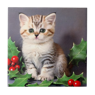 Azulejo De Cerâmica Natais vintages Kitten e Holly