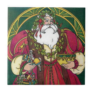 Azulejo De Cerâmica Natais vintages, Papai Noel com Holly Sai