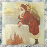 Azulejo De Cerâmica Natais vintages Papai Noel Vitoriano em Chaminé<br><div class="desc">Ilustração Vintage Era Vitoriana design de Natal Feliz com Papai Noel no telhado escalando uma chaminé coberta de neve com um cheio de brinquedos na véspera de Natal. Uma noite de inverno muito fria com o Santo Jolly Nicholas no telhado.</div>