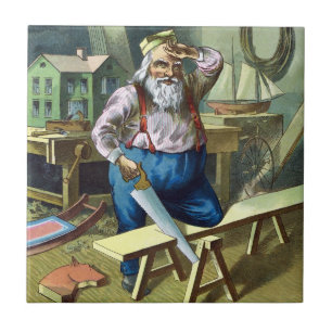 Azulejo De Cerâmica Natais vintages, Santa Claus Building Toys Saw