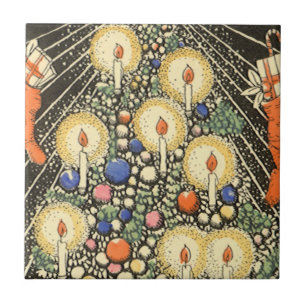Azulejo De Cerâmica Natal Antigo, Árvore com Velas e uma Estrela
