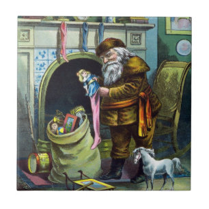 Azulejo De Cerâmica Natal Antigo, Meias do Papai Noel com Brinquedos