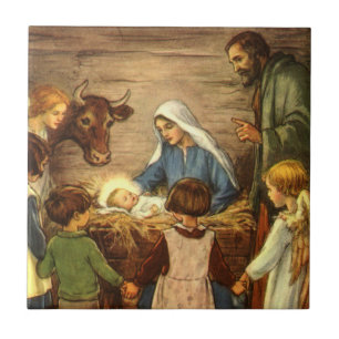 Azulejo De Cerâmica Natal Antigo, Natal Religioso com o Menino Jesus