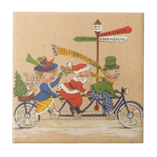 Azulejo De Cerâmica Natal Antigo, Papai Noel andando de bicicleta