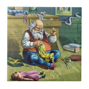 Azulejo De Cerâmica Natal Antigo, Papai Noel Fazendo Bonecas de Brinqu
