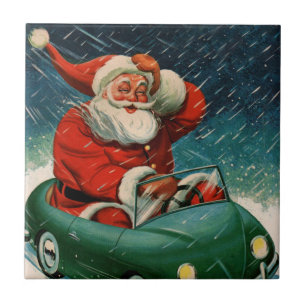 Azulejo De Cerâmica Natal Antigo, Papai Noel num Carro Fofo