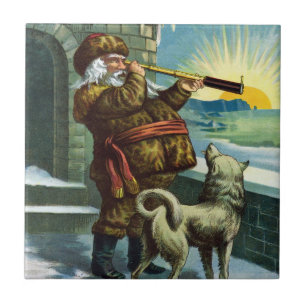 Azulejo De Cerâmica Natal Antigo Papai Noel Telescópio Cachorro Pôr do