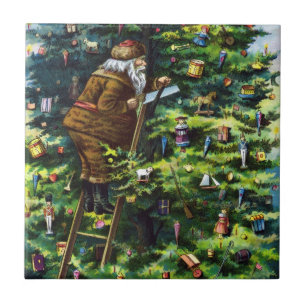 Azulejo De Cerâmica Natal Antigo, Papai Noel Vitoriano com Árvore