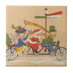 Azulejo De Cerâmica Natal Antigo, Papai Noel Vitoriano de Bicicleta