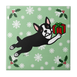Azulejo De Cerâmica Natal de Boston Terrier 2 flocos de neve dos