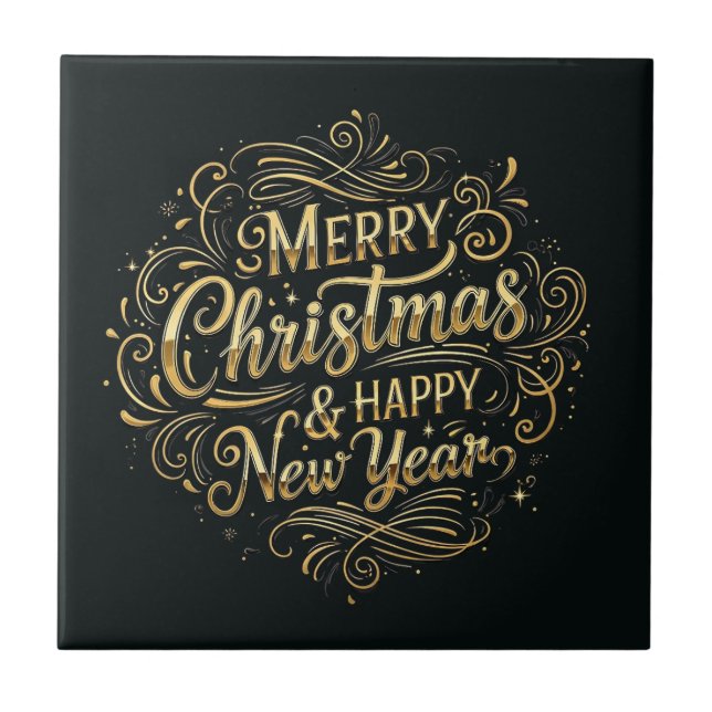 Azulejo De Cerâmica Natal e Feliz ano novo alegres e Dourados (Frente)