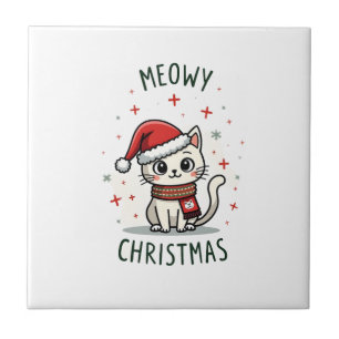 Azulejo De Cerâmica Natal Feliz com Gato Amante Meowy Festa Divertida