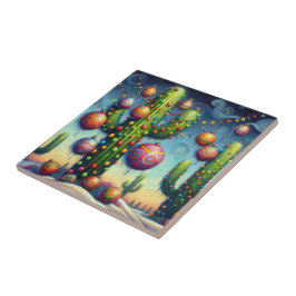 Azulejo De Cerâmica Natal no Deserto Sudoeste Saguaro Cactus