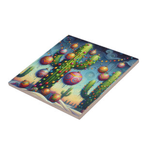 Azulejo De Cerâmica Natal no Deserto Sudoeste Saguaro Cactus